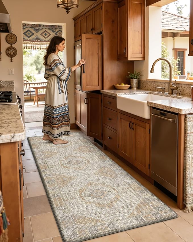 DEXI Kitchen Floor Mats Anti Fatigue, 17x29+17x59 Large Cushioned Runner Rug Waterproof, Standing Comfort Memory Foam Padded for Front Sink Laundry Office Set of 2, Beige and Light Orange