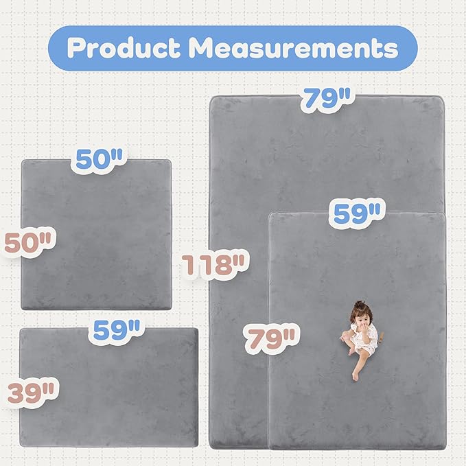 1.5" Thick Baby Play Mat for Floor, 39x59 Playpen Mat, Pro Soft Flannel Foam Mats Toddler Infant Kids Crawling for Nursery Rug Playroom Living Room Waterproof Easy Care Non-Slip (Dark Grey)