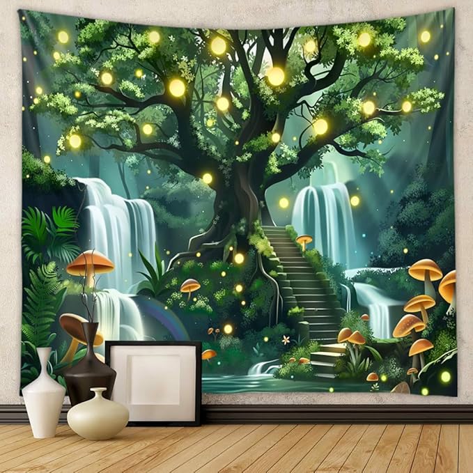 Jhdstore Tree of Life Tapestry for Bedroom Green Forest Tapestry Home Decor Bedroom Living Room Decor Tapestries Wall Hanging Magic Forest Wall Hanging 36"x48"