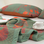 100% Cotton Muslin Blanket Jacquard Green Orange Floral Ginkgo Leaves Quilt, Soft Bed Cover Lightweight Breathable Gauzy Reversible Bedspread Coverlet King(98"x94"), No Pillow Sham