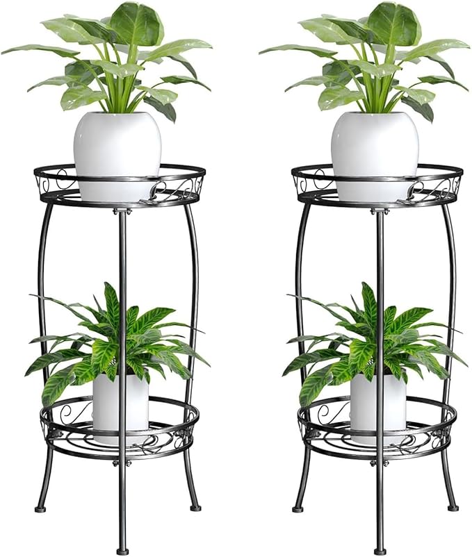 2 Pack Plant Stand Indoor Outdoor, 2 Tier 27" Tall Metal Plant Stand Shelf, Heavy Duty Flower Pot Shelf for Corner, Patio, Garden, Office, Living Room