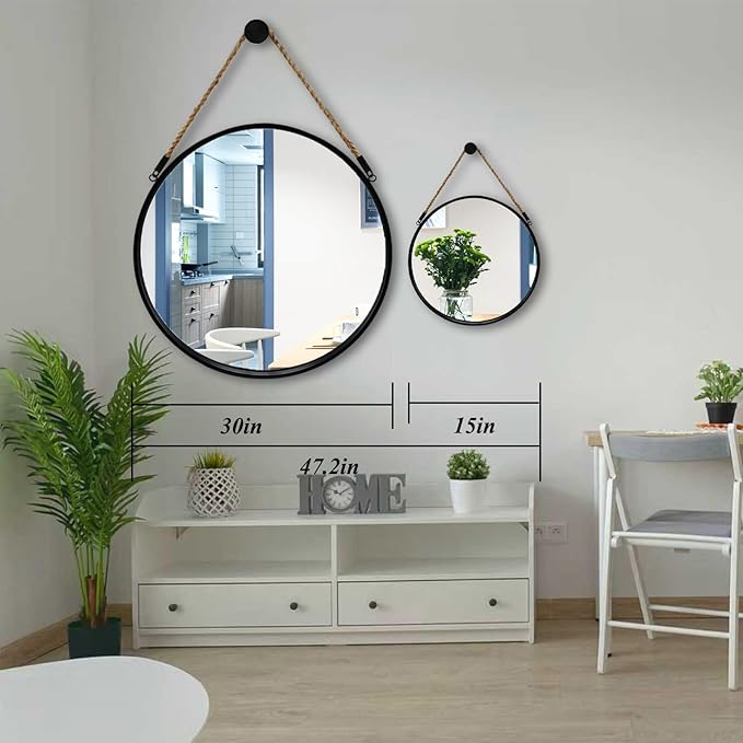 POZINO Large Round Hanging Mirror, Circle Wall Mirror with Rope, 30 Inch Black Frame Farmhouse Mirror for Bathroom Bedroom Living Room Entryway Home Decor