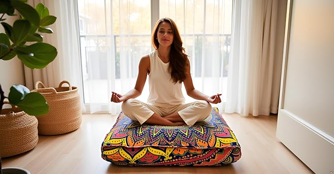 New Blue Ombre Mandala Barmeri Large Floor Pillow Cover Cushion Meditation Seating Ottoman Throw Cover Hippie Decorative Zipped Bohemian Pouf Ottoman Pom Pom Cases 24" Square