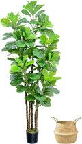 7ft Artificial Fiddle Leaf Fig Tree with Woven Seagrass Plant Basket, Fake Tree Indoor Faux Plant for Living Room Office Floor Home Decor (84 in)