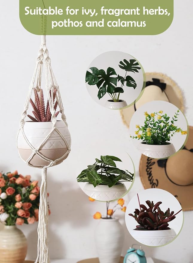 TAMAYKIM 6 Inch Ceramic Hanging Plant Pot with Macrame Plant Hanger, Drum Shape Small Flower Planter for Indoor Outdoor, Balcony Garden Decor, White with Beige