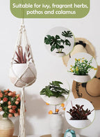 TAMAYKIM 6 Inch Ceramic Hanging Plant Pot with Macrame Plant Hanger, Drum Shape Small Flower Planter for Indoor Outdoor, Balcony Garden Decor, White with Beige