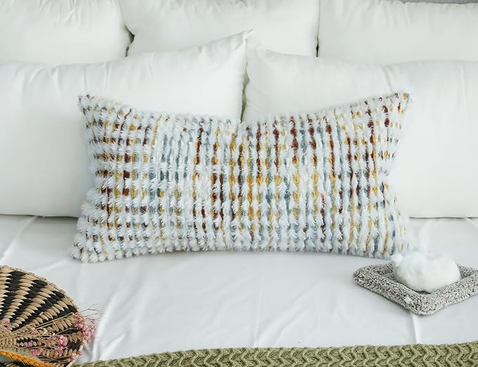 PANOD Coastal Decorative Lumbar Pillow Cover 16 x 26 Inch, Boho Long Pillow for Bed, Colorful Neutral Accent Farmhouse Long Body Pillow for Couch Sofa Bedroom Livingroom