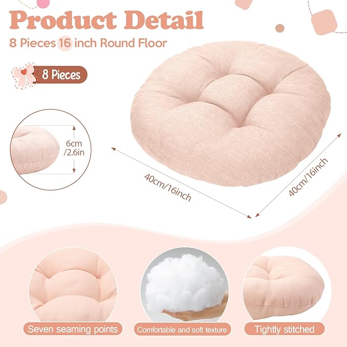 Fumete 8 Pcs 16 Inch Round Floor Cushions for Kids and Toddlers, Flexible Seating Classroom Furniture Floor Pillow for Home, Daycare, Preschool, Yoga and Meditation (Neutral)