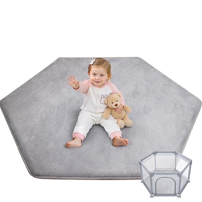 Thick Hexagon Playpen Mat,65x56 Inch Baby Play Mat for Floor,Soft Support & Plush Feel Foam Mats Play Tent Mats for Infant,Kids,and Toddler Crawling,Non-Slip Back for Indoor Playhouses(Light Grey)