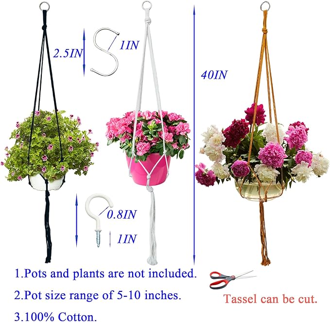 Macrame Plant Hangers Planter Flower Pots Holder 3 Pack Basket Stand Tassels with 6 Hooks Kit Cotton Rope for Decorative Indoor Outdoor Patio Garden Boho Home Décor (POTS NOT Included) (BROWN)