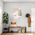 Irregular Oval Wall Mirror Large White 20"x16" Inches Asymmetrical Mirror Modern Wood Frame Unique Shape Wall Mounted Vanity Artistic Mirror Decor for Living Room Bedroom Bathroom Entryway