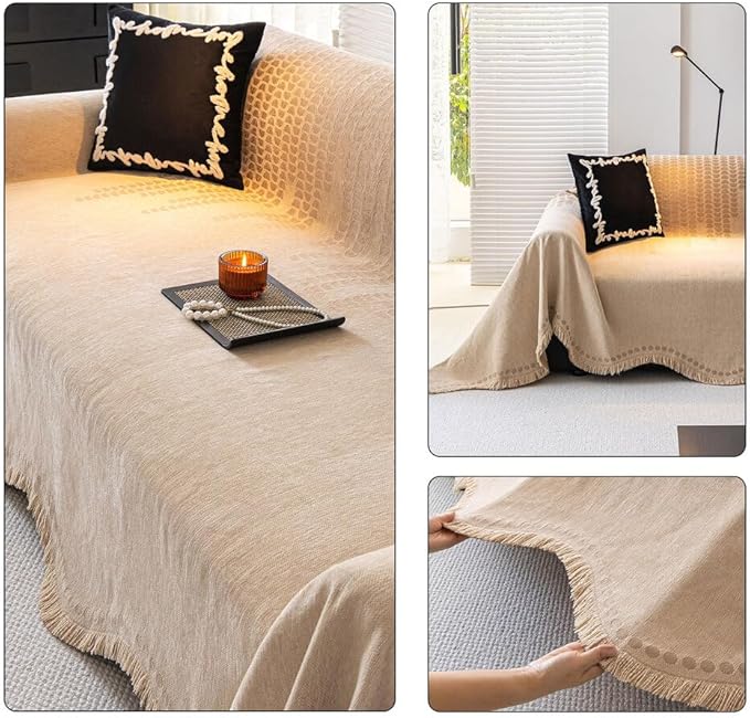 ROOMLIFE Khaki Couch Cover Sofa Covers, Chenille Couches Covers for 3 Cushion Sofas, Non Slip Soft Breathable Sofa Slipcovers for Pet, Washable Furniture Protector with Tassel,71''X134”