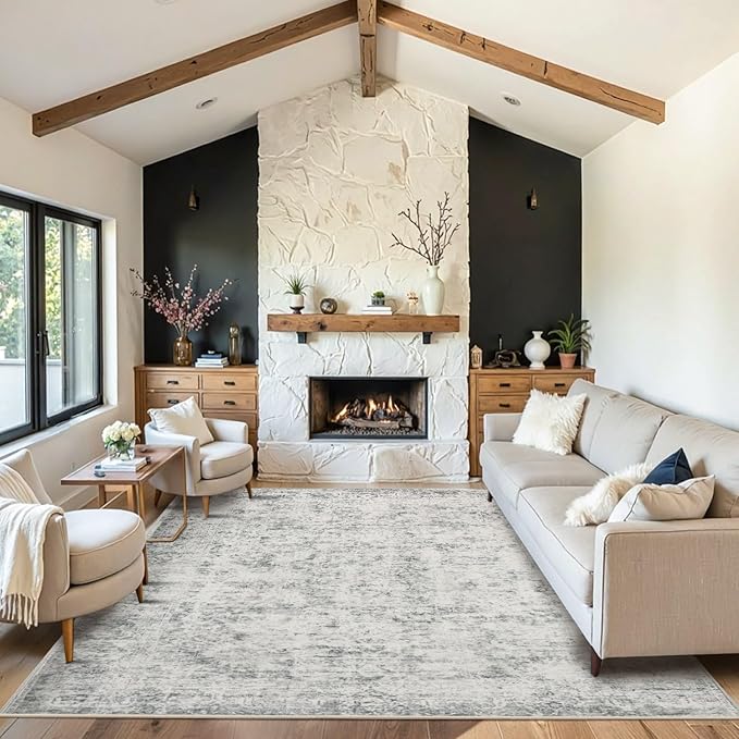 8x10 Area Rugs for Living Room, Large Washable Rug, Grey Vintage Abstract Boho Rug, Non Slip & Low Pile Faux Wool Carpet for Indoor Dining Room, Farmhouse and Bedroom(Grey 8x10ft)