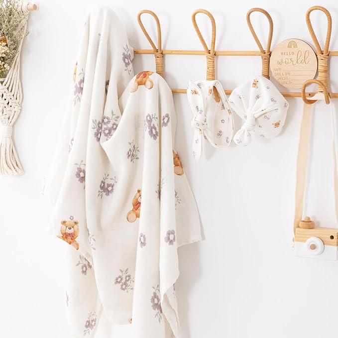 BabyWhale Muslin Swaddle Blanket with Hat and Headband Bow, Flower and Bear Print Swaddle Set for Baby Boys ＆ Girls, Soft Breathable Unisex Receiving Blanket Wrap, 47x47 inches