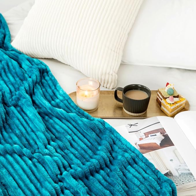 MIULEE Teal Throw Blanket 3D Ribbed Jacquard Fleece Flannel Velvet Plush Decorative Bed Blanket (Throw, 50" x 70") - Super Soft, Lightweight, Warm and Cozy for Couch Sofa, Turquoise Blue