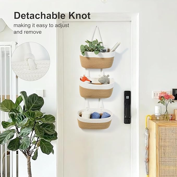 DULLEMELO Hanging Storage Basket for Organizing, 3-Tier Over The Door Organizer, Woven Wall Basket Decor Hanging Baskets for Storage, Versatile Storage for Every Room‌, White&Jute