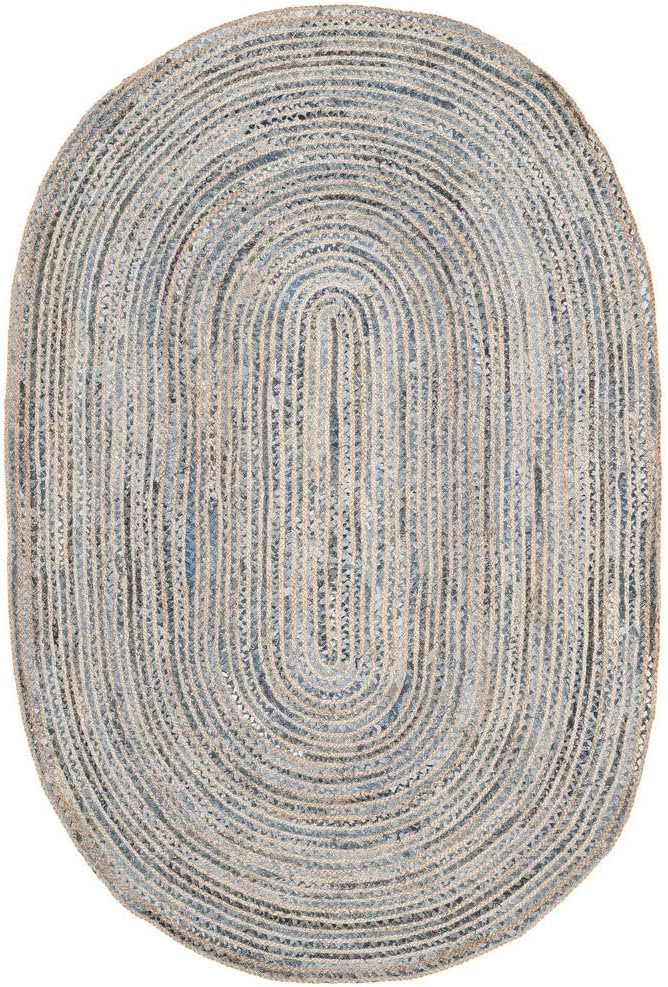 SAFAVIEH Cape Cod Collection Area Rug - 9' x 12' Oval, Natural & Blue, Handmade Flat Weave Jute, Ideal for High Traffic Areas in Living Room, Bedroom (CAP250A)