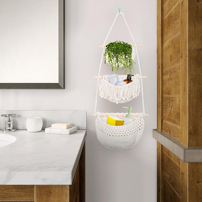 Hanging Fruit Baskets for Kitchen,3 Tier Handmade Woven Cotton Rope Wall Basket for Organizing & Decorating,Boho Room Decor,Storage for Home,Living&Bathroom Bedroom Diningroom (White)