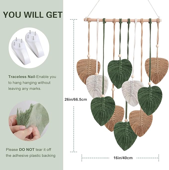 Easemykit Wall Hanging Decor Leaves Tapestry, Boho Macrame Wall Decor Tapestry Woven Feather Handmade Yarn Tassels Leaf Macrame Wall Art Decorations for Living, Bedroom, Office,Nursery,Apartment Room,16x26 Inch(Brown Green)