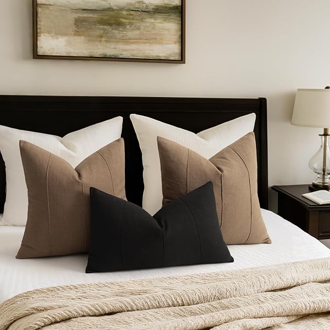 ZWJD 12x20 Pillow Covers Set of 2 Decorative Linen Lumbar Pillow Covers Solid Handcrafted Striped Cushion Covers for Bed Soft Modern Farmhouse Neutral Pillowcase for Couch Bedroom Living Room (Black)