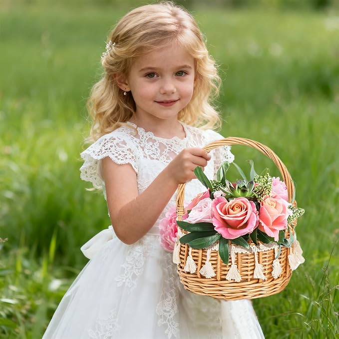 2 Pack Flower Girl Basket, Small Wicker Basket with Silk Petals, White Ribbon, Plastic Liner, Decorative Woven Willow Rattan Basket for Wedding, Gifts, Camping, Home Decor