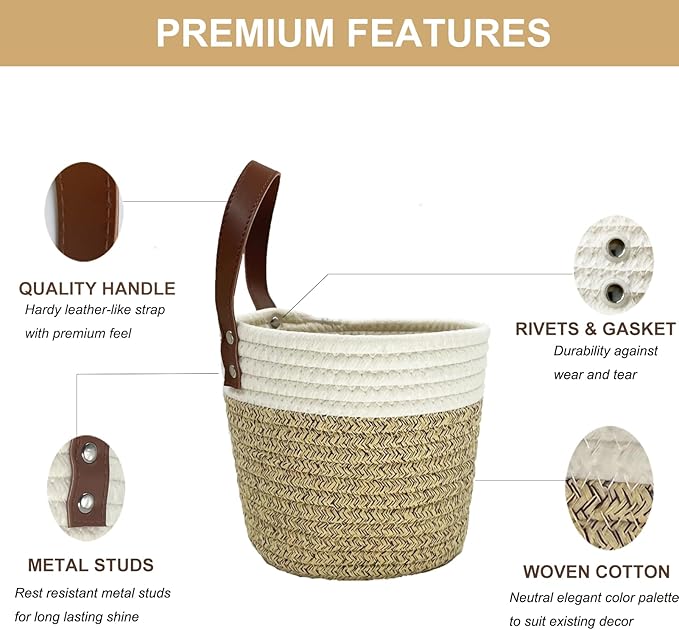 Cotton Rope Hanging Baskets for Organizing 2 Pcs Round Small Wall Basket with Handles Woven Organizer Storage Basket for Kitchen Bedroom Living Room Office (6”x6”, Light Brown)