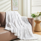 NEWCOSPLAY Super Soft Twin Blanket White Premium Silky Flannel Fleece 3D Ribbed Jacquard Lightweight Bed Blanket All Season Use (White Ribbed, Twin(60"x80"))