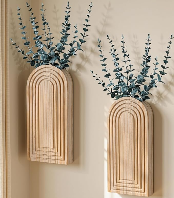 DREAMLOOM 2 Pack Wooden Wall Vases with Eucalyptus Artificial Plants, Wall Hanging Planters Boho Modern Farmhouse Indoor for Narrow Spaces Entryway Bathroom Home Office Decoration, Retro