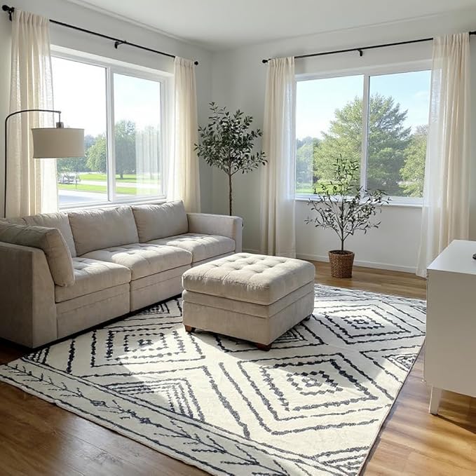 Area Rug 8x10 Rug Machine Washable Non-Slip Low Pile Print Pattern Western Rug for Living Room Bedroom Entryway Tribal Series -Navywhite/Black