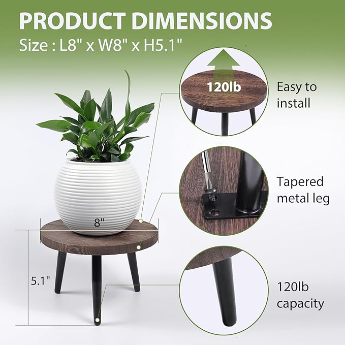 8 Inch Plant Stand, Small Floor Indoor Plant Stand, Mid Century Wood Planter Stand with Metal Legs, Round Modern Plant Stool for Indoor Outdoor Flower Pots, Brown