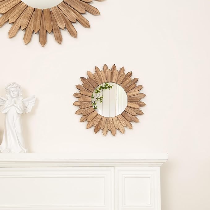 LOSOUR Wall Decor 12 inch Rustic Round Wood Mirror Decorative Boho Sunburst Mirror Boho Home Decor Farmhouse Wall Decor for Bedroom Living Room Entryway