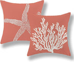 Orange Starfish Pillow Covers 20x20 Inch Set of 2, Nautical Ocean Coastal Coral Throw Pillows Spring Summer Decorations Linen Pillowcase Outdoor Decor Farmhouse Cushion Case for Home Holiday