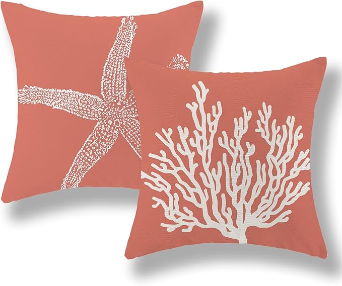 Orange Starfish Pillow Covers 20x20 Inch Set of 2, Nautical Ocean Coastal Coral Throw Pillows Spring Summer Decorations Linen Pillowcase Outdoor Decor Farmhouse Cushion Case for Home Holiday