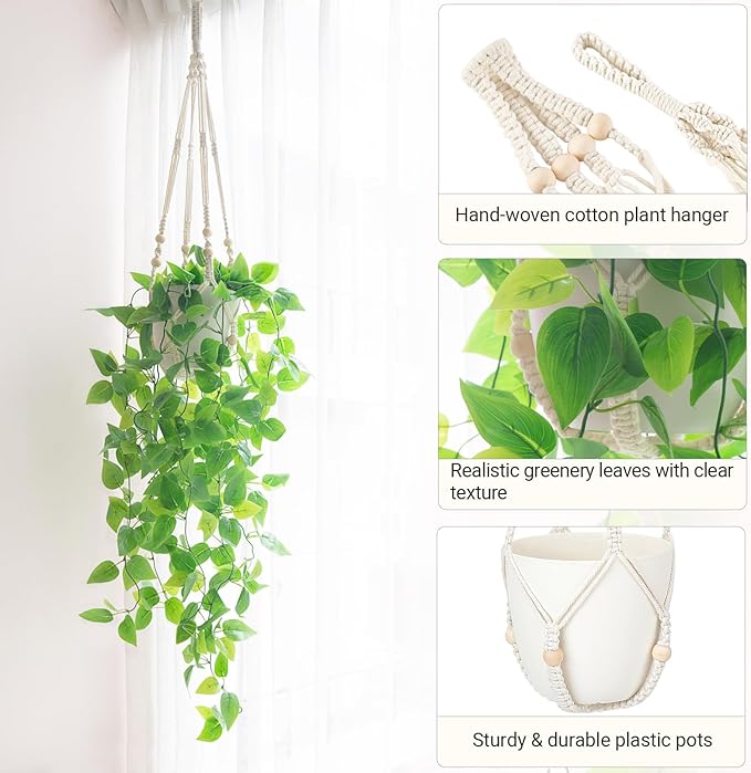 Mkono Fake Hanging Plant with Lights, Artificial Plants for Home Decor Indoor Macrame Plant Hanger with Fake Vines Greenery for Bedroom Bathroom Kitchen Office Decor (1)