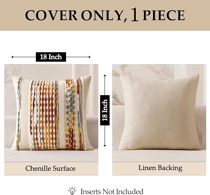 ANRODUO Pack of 1 Boho Decorative Throw Pillow Covers 18x18 Farmhouse Cushion Case Striped Chenille Pillow Cases Square Pillow Covers Accent Neutral Pillowcase for Sofa Couch Bed,Brown Stripe