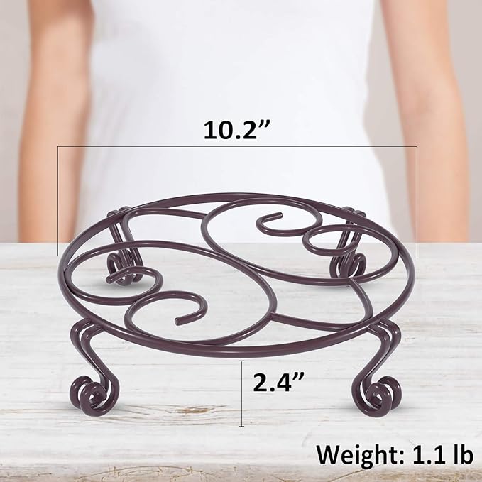 Yimobra Original Patented Plant Stand for Flower Pot Heavy Duty Potted Holder Indoor Outdoor, Metal Rustproof Iron Garden Container Round Supports Rack for Planter, Brown, 10.2 Inches