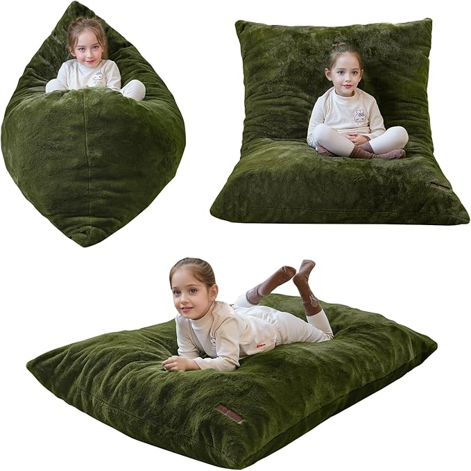 MAXYOYO 3 in 1 Kids Bean Bag Chair Bed, Child Floor Sofa for Gaming, Reading, Faux Fur Floor Mattress with High-Density Foam Filling for Living Room Bedroom