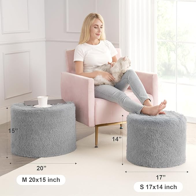Hansleep Round Pouf Ottoman Foot Rest, 20 x 15 Small Faux Fur Stuffed Pouf for Chair, Foam Filled Foot Stools Ottomans for Living Room, Grey