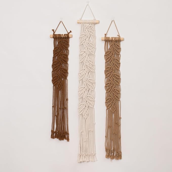 HVEST 3 Pcs Small Macrame Wall Hanging Boho Decor Handmade Woven Tapestry for Bedroom, Brown Macrame Wall Art for Living Room Nursery Apartment Office Home Decor