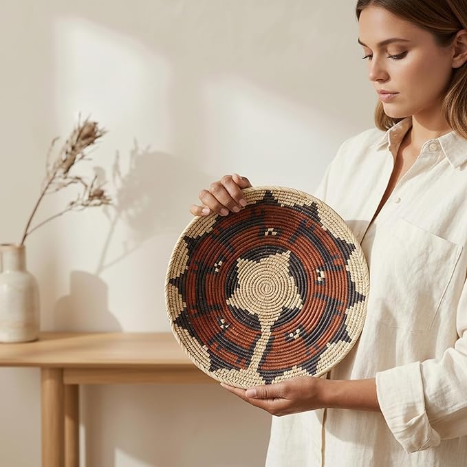 Grain Wares Boho 10-11 in Handwoven Date Palm Leaf Wall Basket Decor, Rustic Calico Pattern, Adhesive Strips Included, 1 Basket