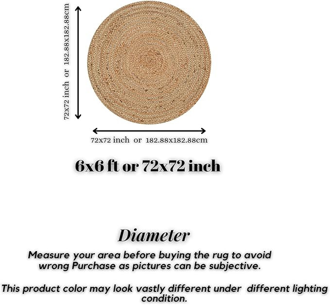 Hand Woven Jute Area Rug - 6' Round - Rustic Beige Reversible Farmhouse Rugs for Living Room, Bedroom, Kitchen - Vintage Natural Braided Entry Floor Décor Circle Boho Round Rugs 6ft
