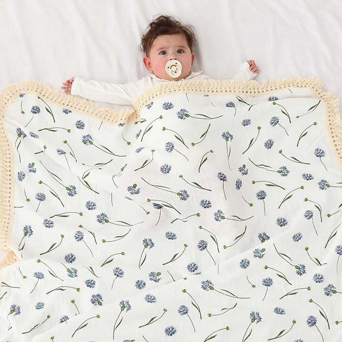 insular Cotton Muslin Baby Blanket with Tassel, Boho Bohemian Muslin Swaddle Blanket Baby Receiving Blanket with Fringe, Nursery Decor Throw or Nursing Blankets, 47" x40”, Blue Dandelion