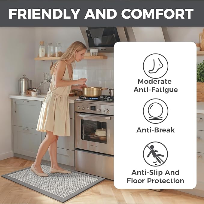 Kitchen Rugs Mat Non Slip Washable, 0.4" Thick Anti Fatigue Cushioned Kitchen Mats for Floor, Absorbent Jute-Look Kitchen Runner Rug Sink Mat Laundry Standing Mats, Easy Clean, Gray 17"x47"