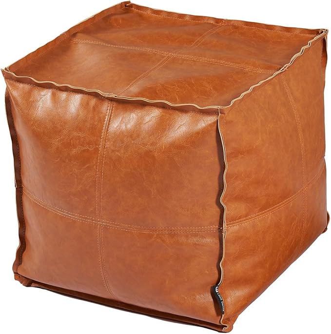 Pouf Ottoman, Unstuffed Pouf Cover, Handmade Faux PU Leather Moroccan, Orange Brown 17.7" Square, Foot Rest for Living Room, Floor Chair Gifts for Men Women, (Only Cover)