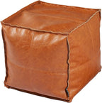 Pouf Ottoman, Unstuffed Pouf Cover, Handmade Faux PU Leather Moroccan, Orange Brown 17.7" Square, Foot Rest for Living Room, Floor Chair Gifts for Men Women, (Only Cover)