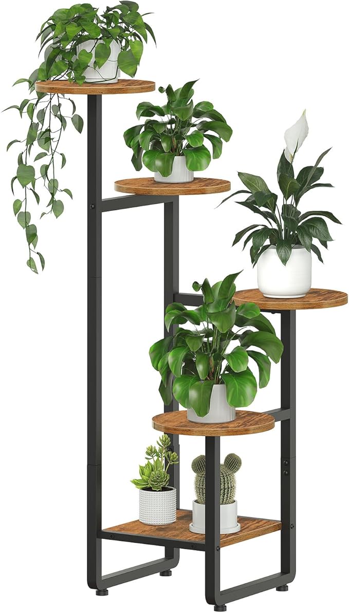 HOOBRO Plant Stand Indoor, 5 Tiered Corner Plant Shelf Flower Stand for Multiple Indoor Plants, Round Plant Flower Display Shelf for Living Room, Balcony, Patio, Rustic Brown and Black BF07HJ01