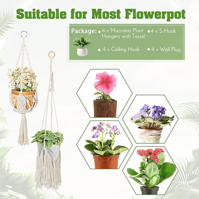 4 Packs Macrame Plant Hangers Indoor Crochet Hanging Plant Holder with Tassels Hanging Planters for Indoor Boho Hanger with 4 S Shaped Hooks for Home Decor Window Flower Pot (White)