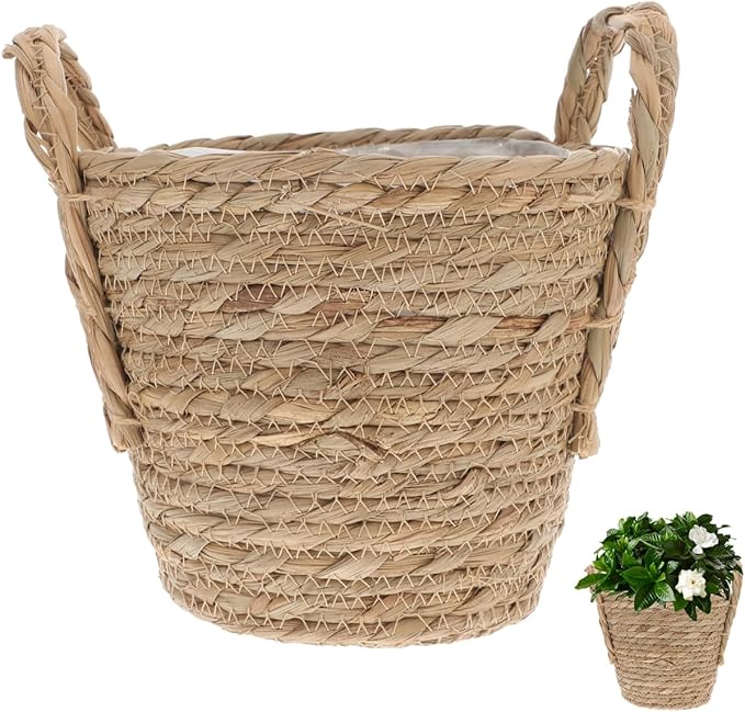 Zerodeko Seagrass Planter Basket Straw Plant Baskets Woven Basket Flower Plant Pot Wicker Plant Containers with Plastic Liner for Indoor Plants Laundry Room 20cm