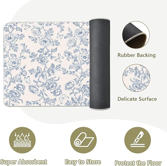 Flower Rugs for Kitchen Floor, 2PCS Anti Fatigue Mats for Kitchen Floor Rubber Non Slip, Washable Cushioned Carpet Rug for Sink Laundry Gifts for Christmas 15.7"×27.5" +15.7"×47" 3.5mm BlueFloral