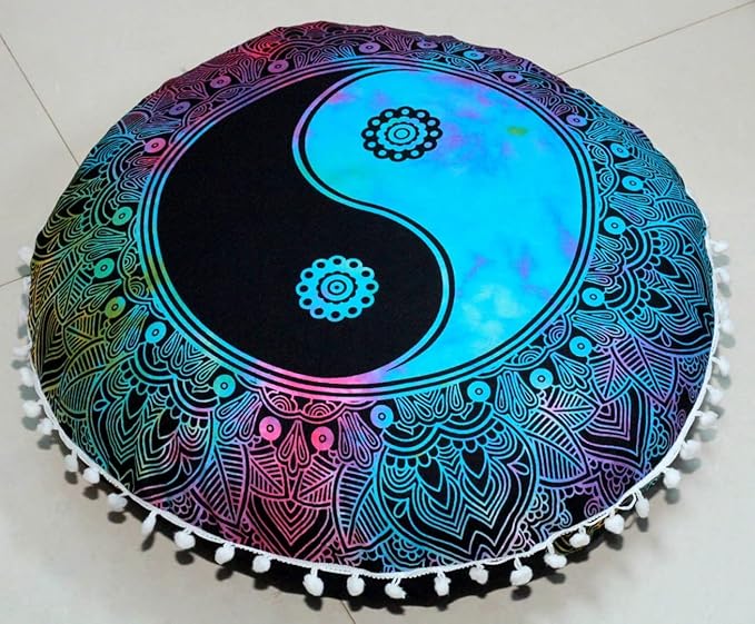 CRAFT KALA 22" Round Mandala Boho Pillow Cover Meditation Room Seating Poufs Cover for Living Room Yoga Room Home Bedroom Balcony Garden Party Decoration Cotton Floor Cushion Cover 22", Multi Yin Yang